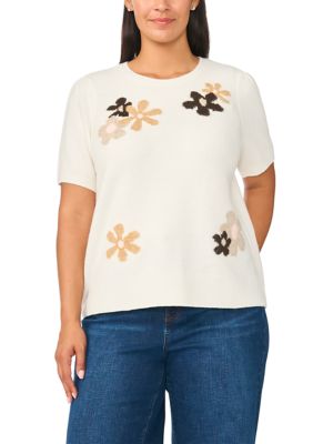 CeCe Women's Plus Size Short Sleeve Groovy Flower Sweater