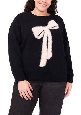 CeCe Women's Plus Size Intarsia Bow Sweater, Black, 3X