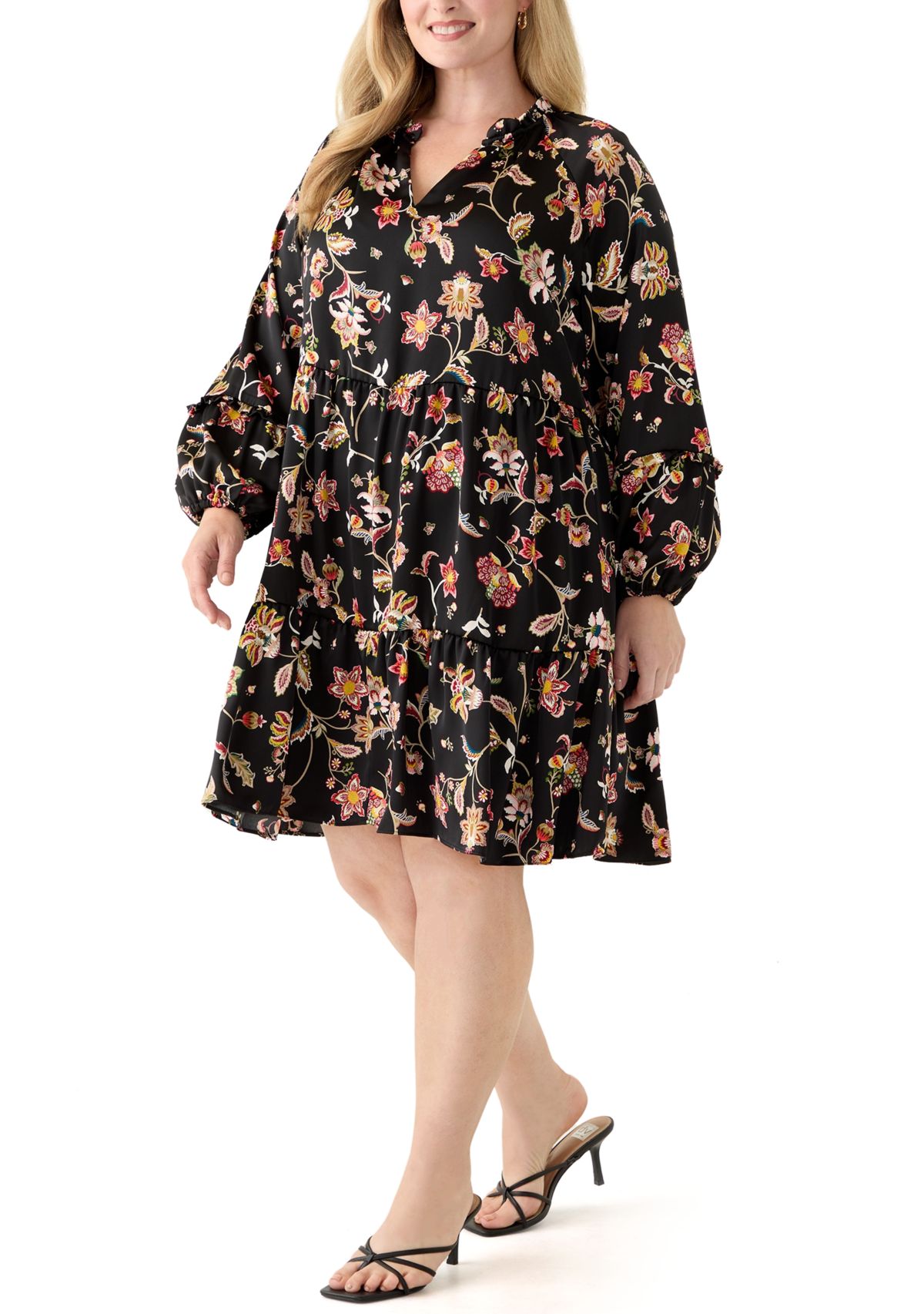 Plus Size 3/4 Split Neck Satin Rich Black Mini Dress