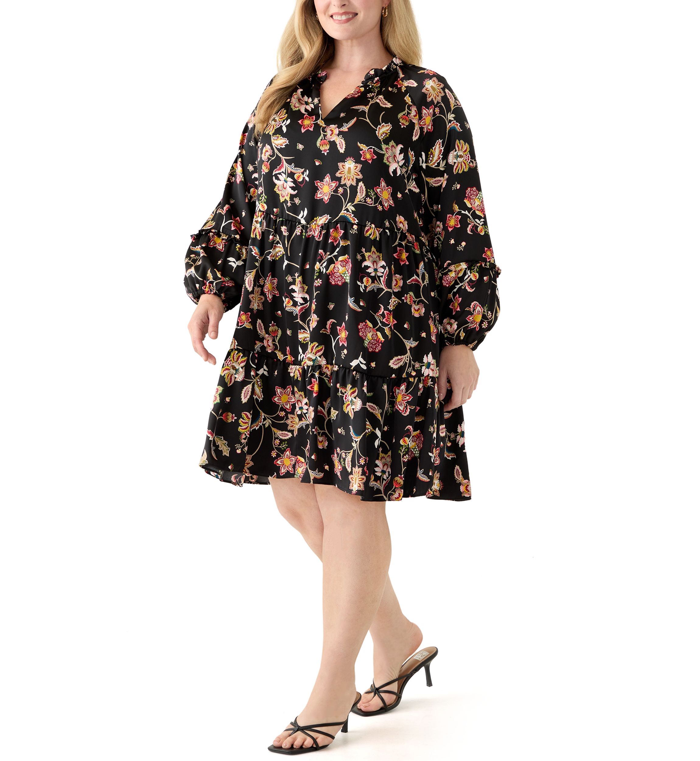 Plus Size 3/4 Split Neck Satin Rich Black Mini Dress