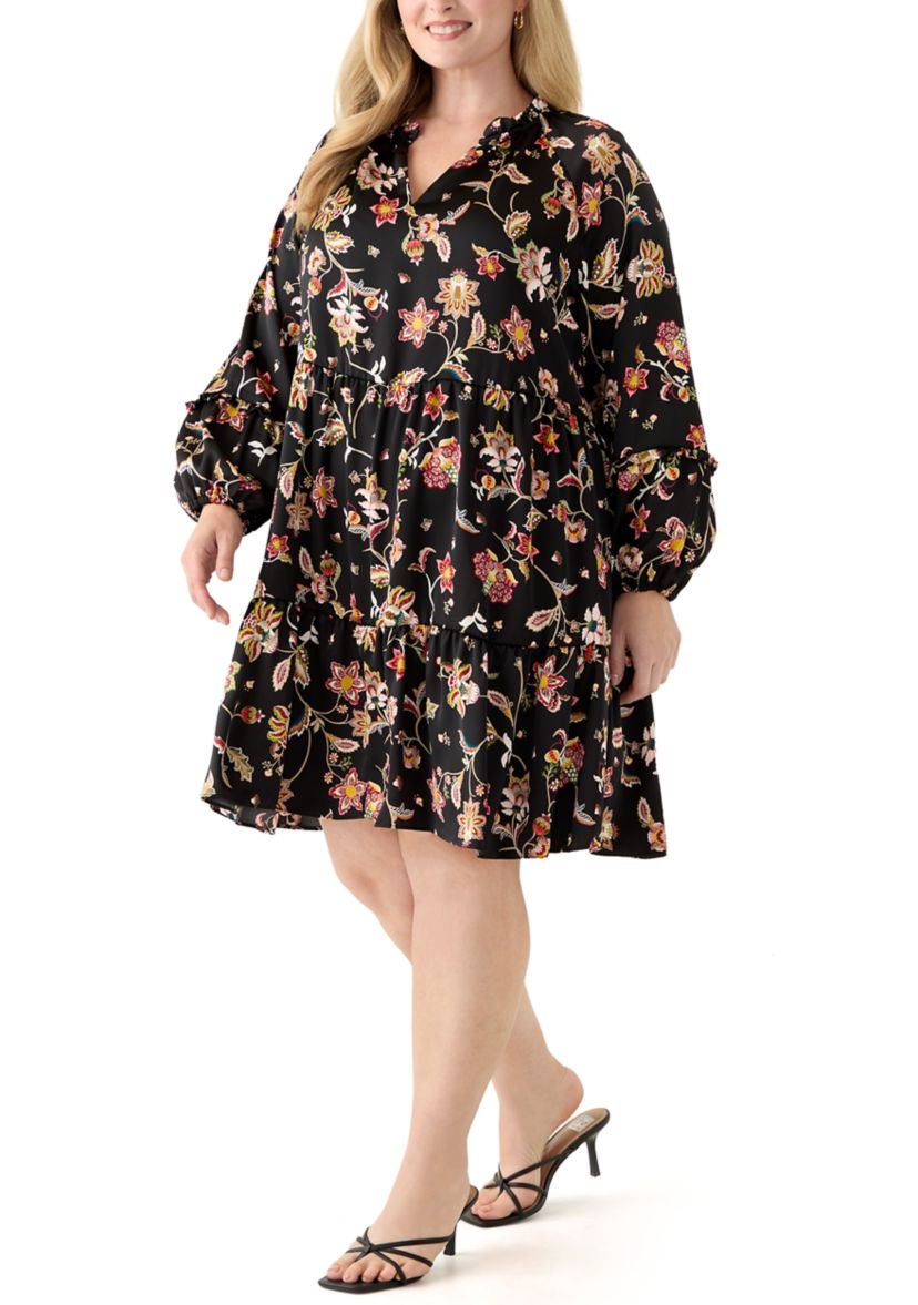 Plus Size 3/4 Split Neck Satin Rich Black Mini Dress