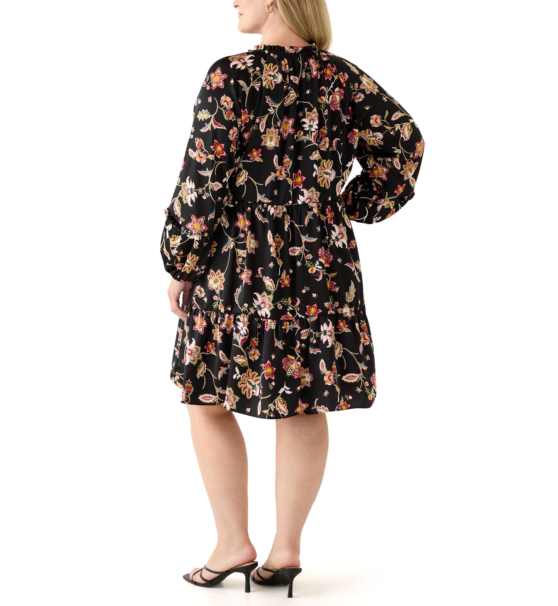 Plus Size 3/4 Split Neck Satin Rich Black Mini Dress