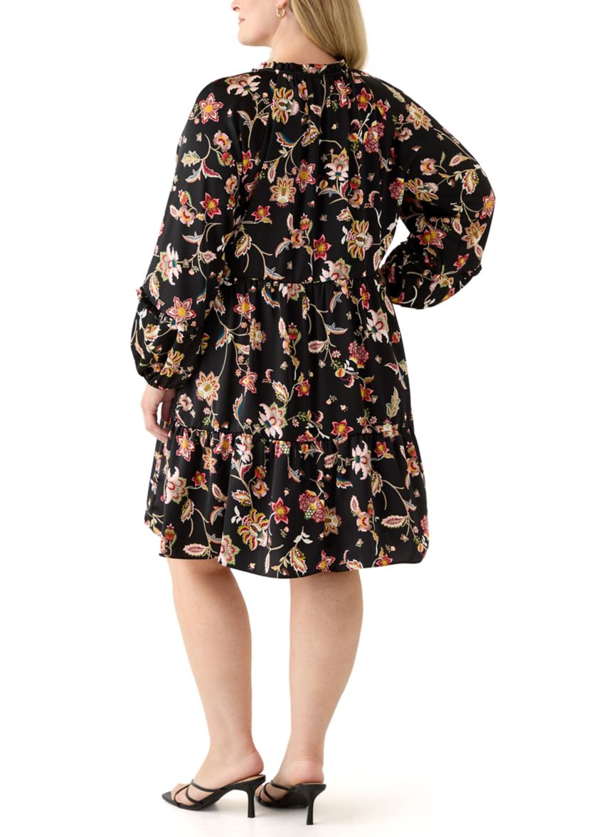 Plus Size 3/4 Split Neck Satin Rich Black Mini Dress