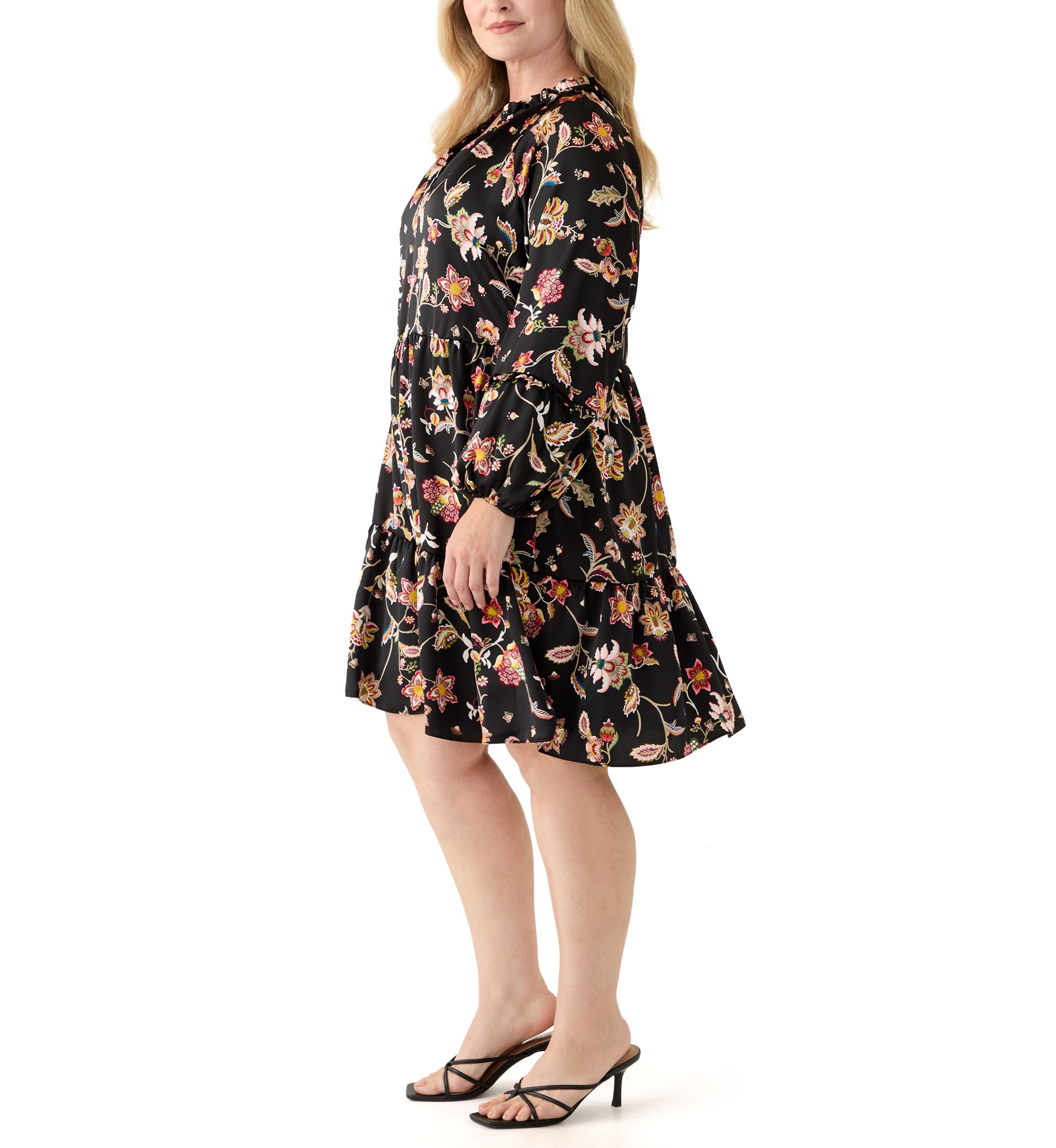 Plus Size 3/4 Split Neck Satin Rich Black Mini Dress
