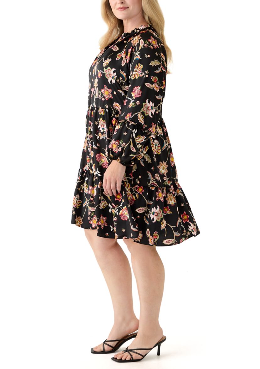 Plus Size 3/4 Split Neck Satin Rich Black Mini Dress
