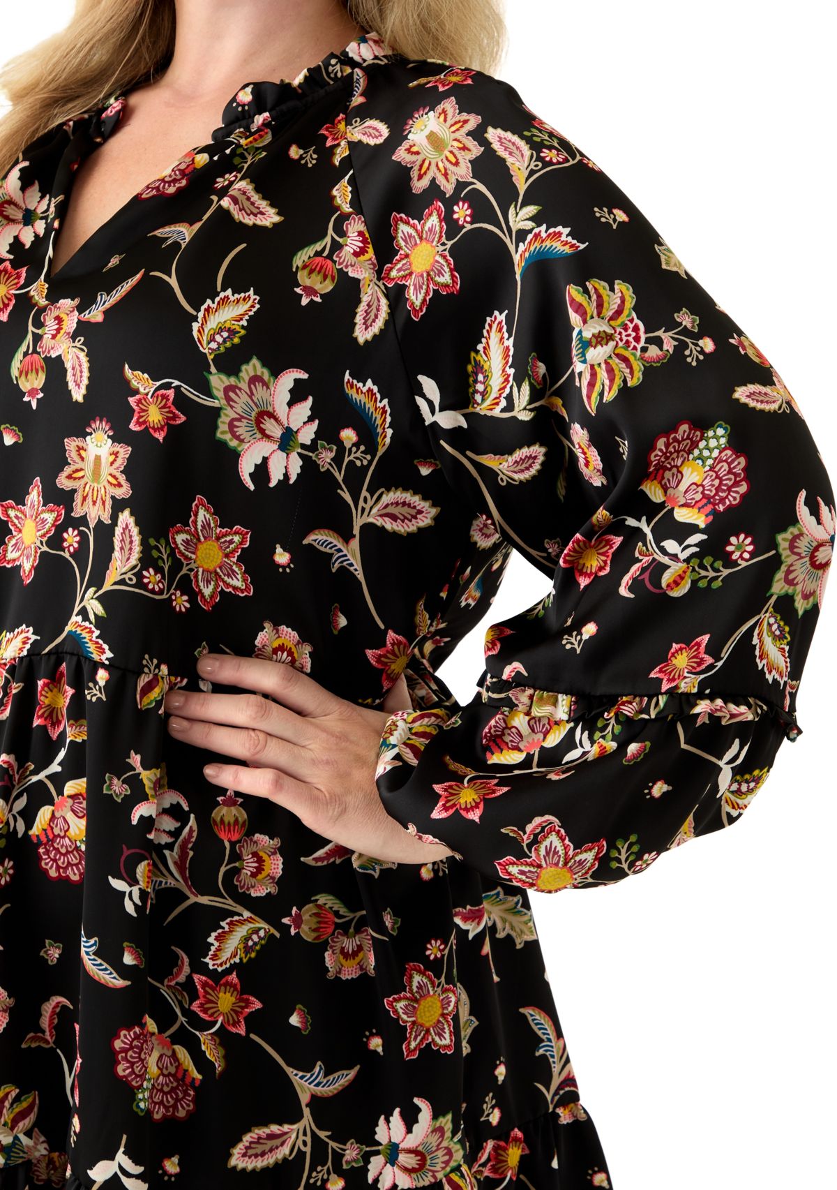 Plus Size 3/4 Split Neck Satin Rich Black Mini Dress
