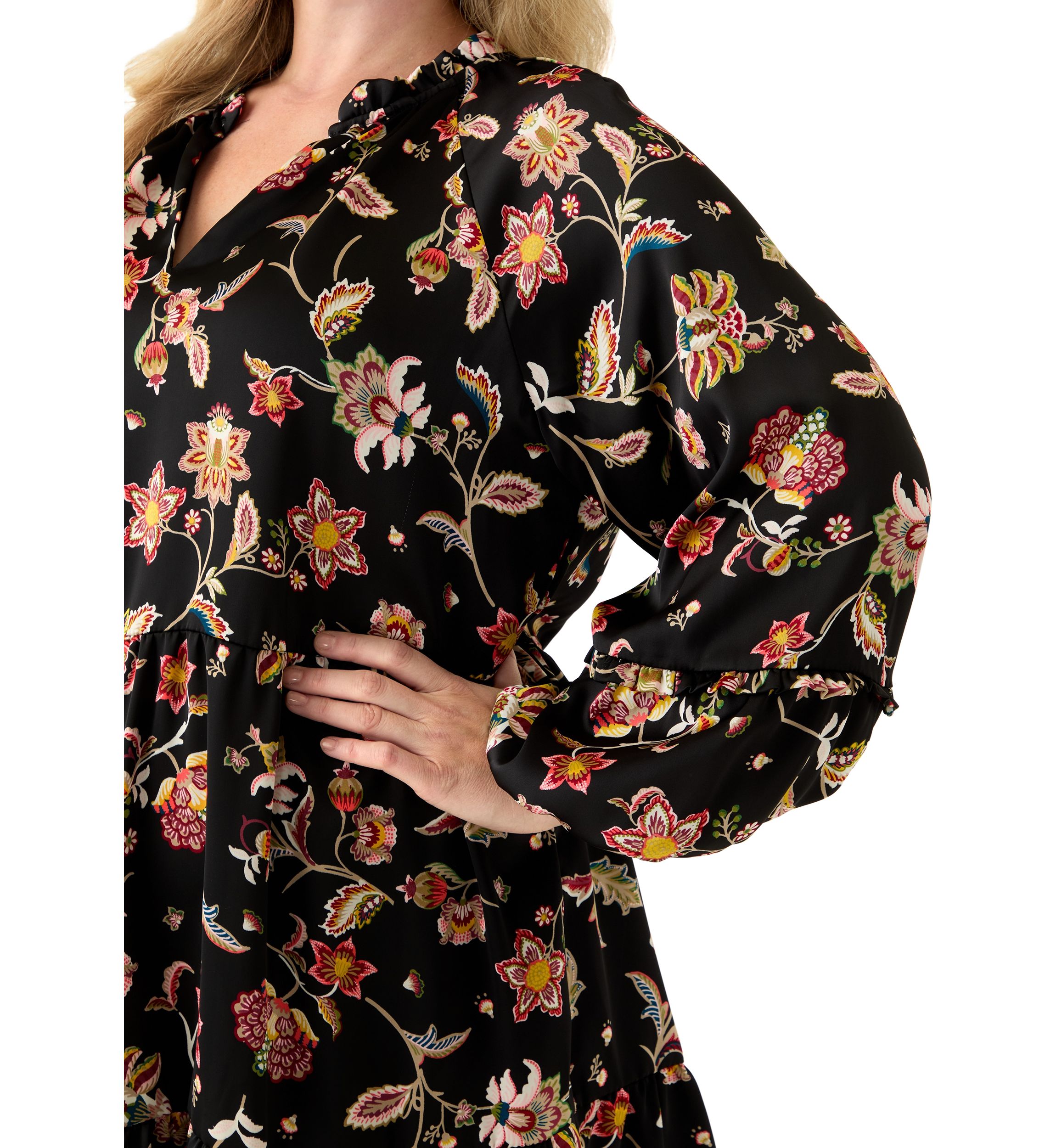 Plus Size 3/4 Split Neck Satin Rich Black Mini Dress