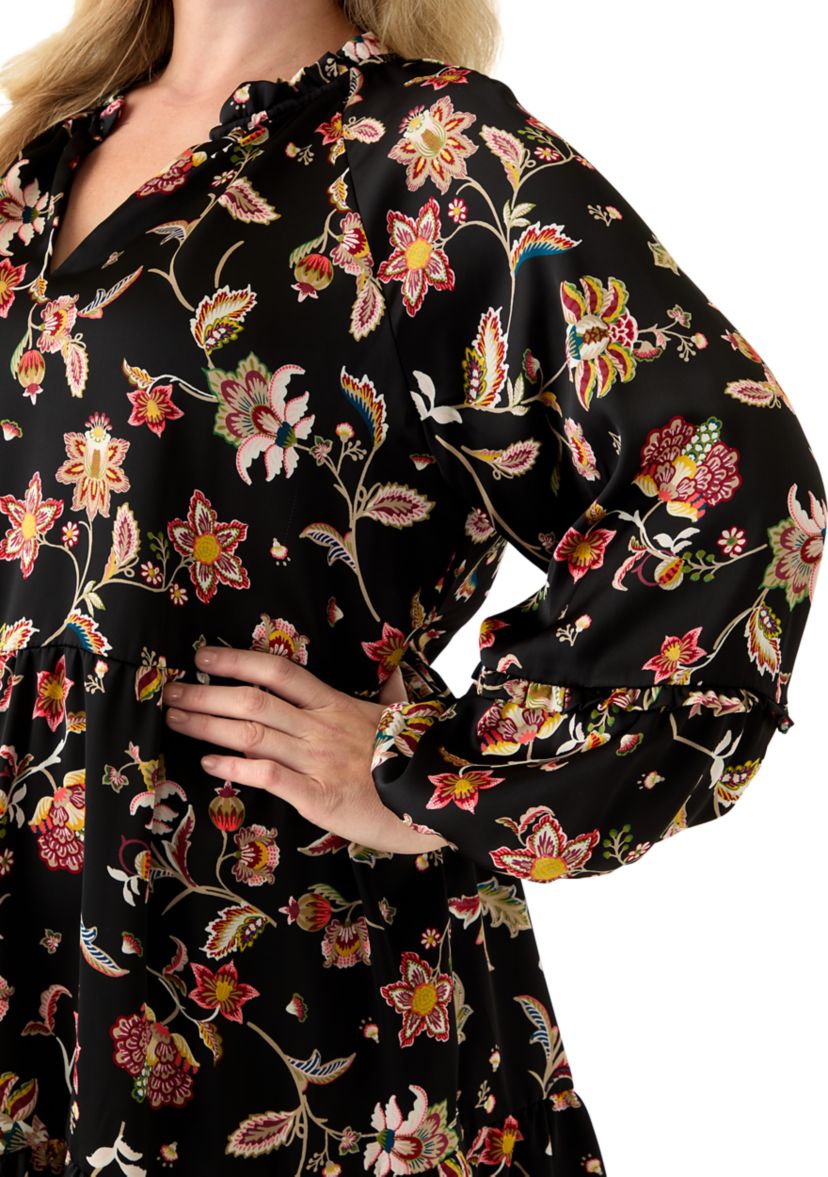 Plus Size 3/4 Split Neck Satin Rich Black Mini Dress