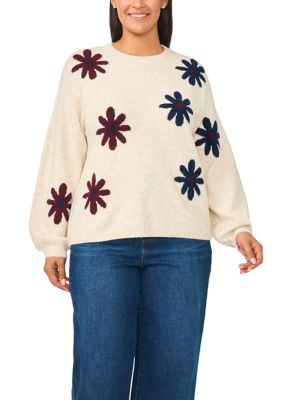 CeCe Women's Plus Size Gift Groovy Floral Crew Neck Sweater, 3XL