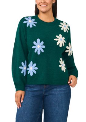 CeCe Women's Plus Size Gift Groovy Floral Crew Neck Sweater
