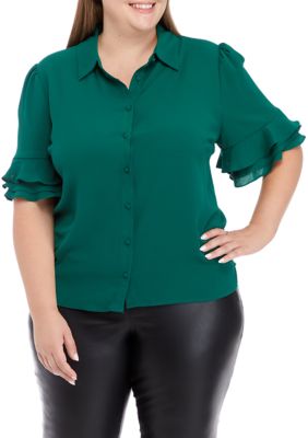 Cece Women's Plus Size Short Ruffle Sleeve Collar Button Front Blouse
