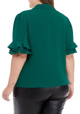 Plus Short Ruffle Sleeve Collar Button Front Blouse