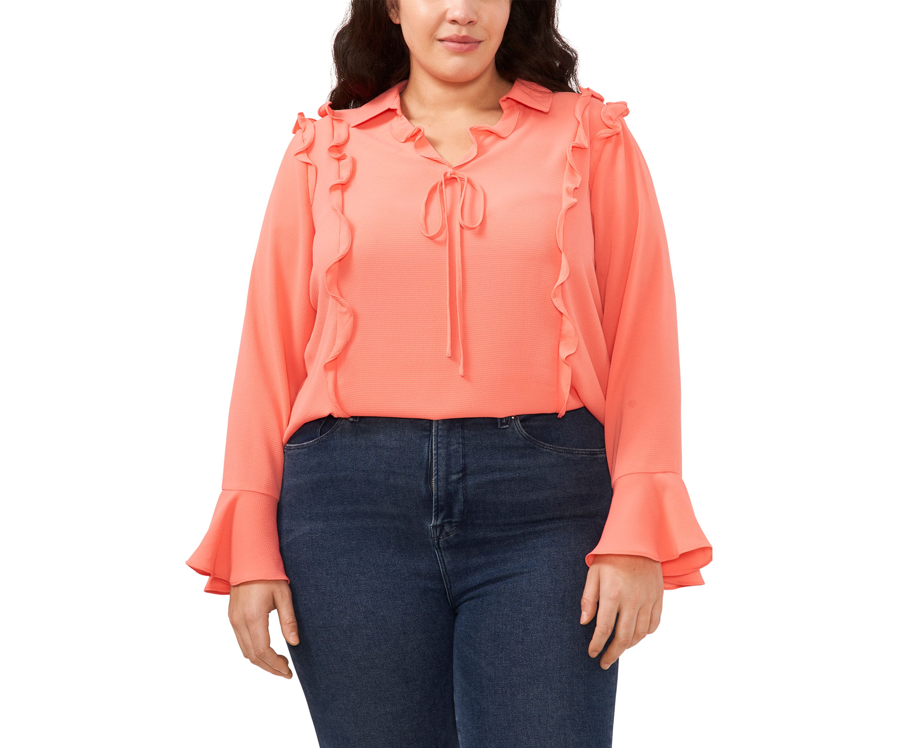Plus Size V-Neck Bow Blouse with Ruffles