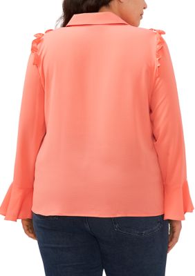Plus V-Neck Bow Blouse with Ruffles