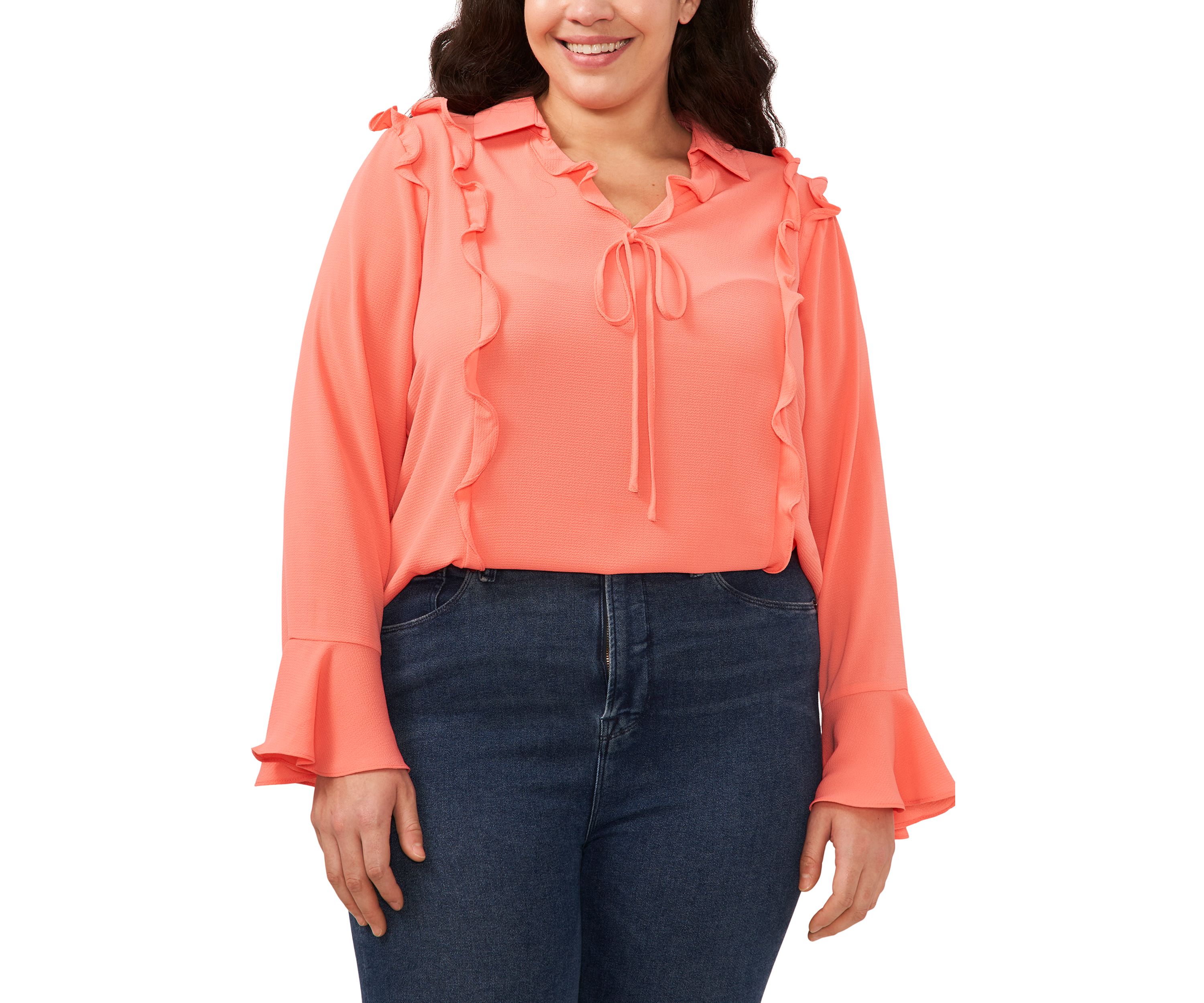 Plus Size V-Neck Bow Blouse with Ruffles