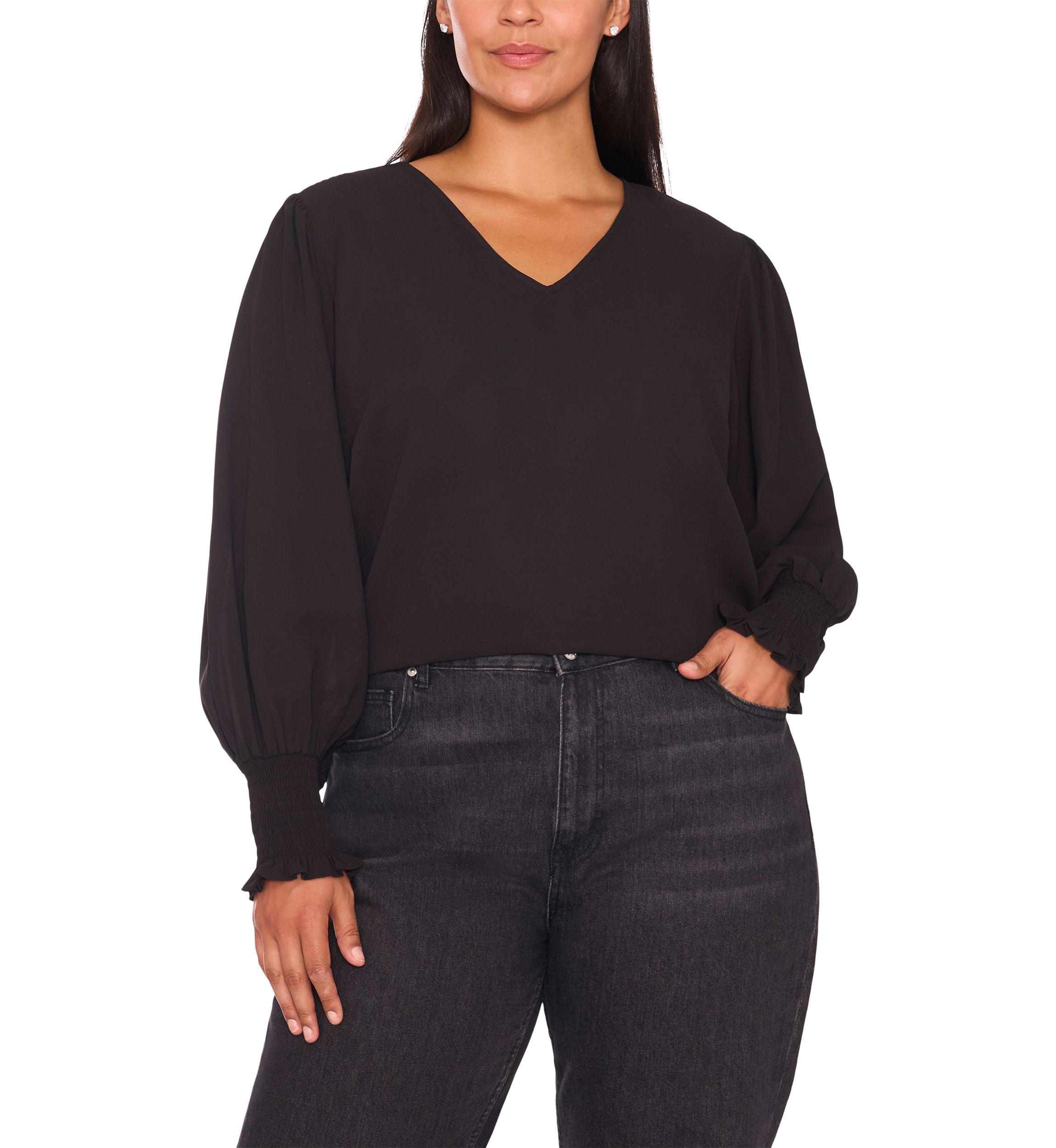 Plus Size Long Sleeve V-Neck Blouse with Cuffs 
