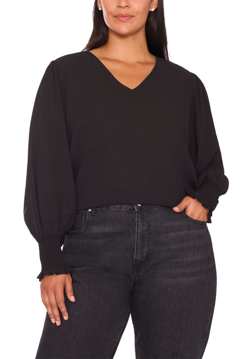 Plus Size Long Sleeve V-Neck Blouse with Cuffs 