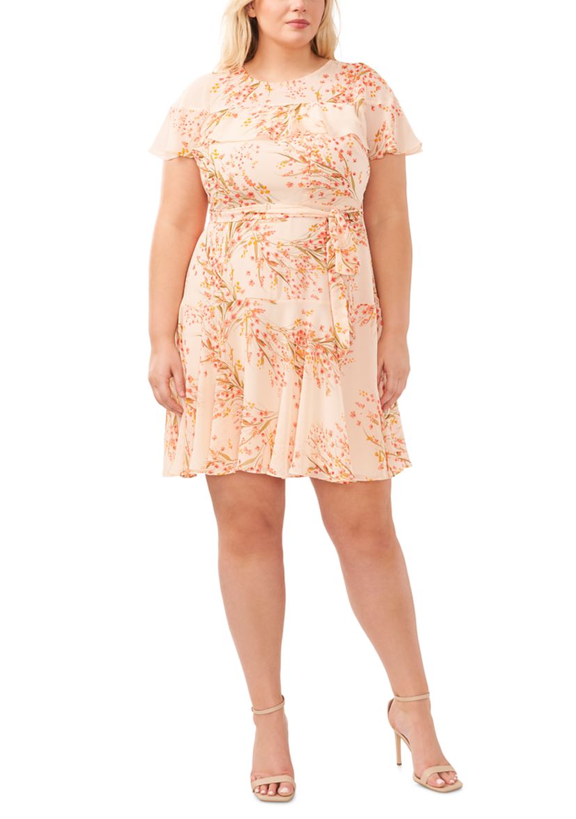 Plus Size Printed Ruffle Tie Waist Dress
