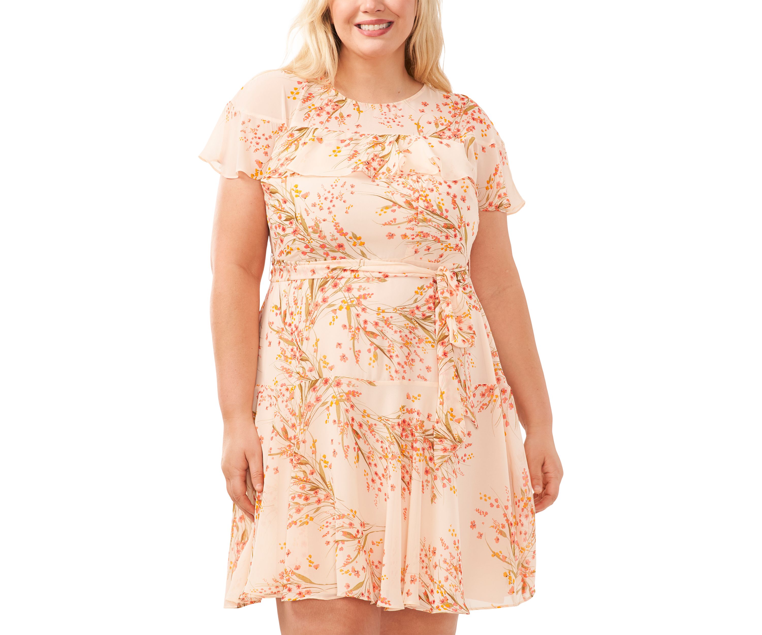 Plus Size Printed Ruffle Tie Waist Dress