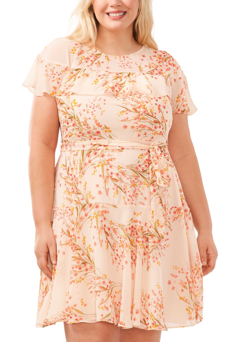 Plus Size Printed Ruffle Tie Waist Dress