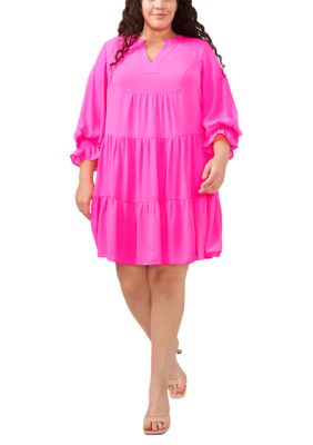 Plus V-Neck Long Sleeve Tiered Smocked Cuff Dress