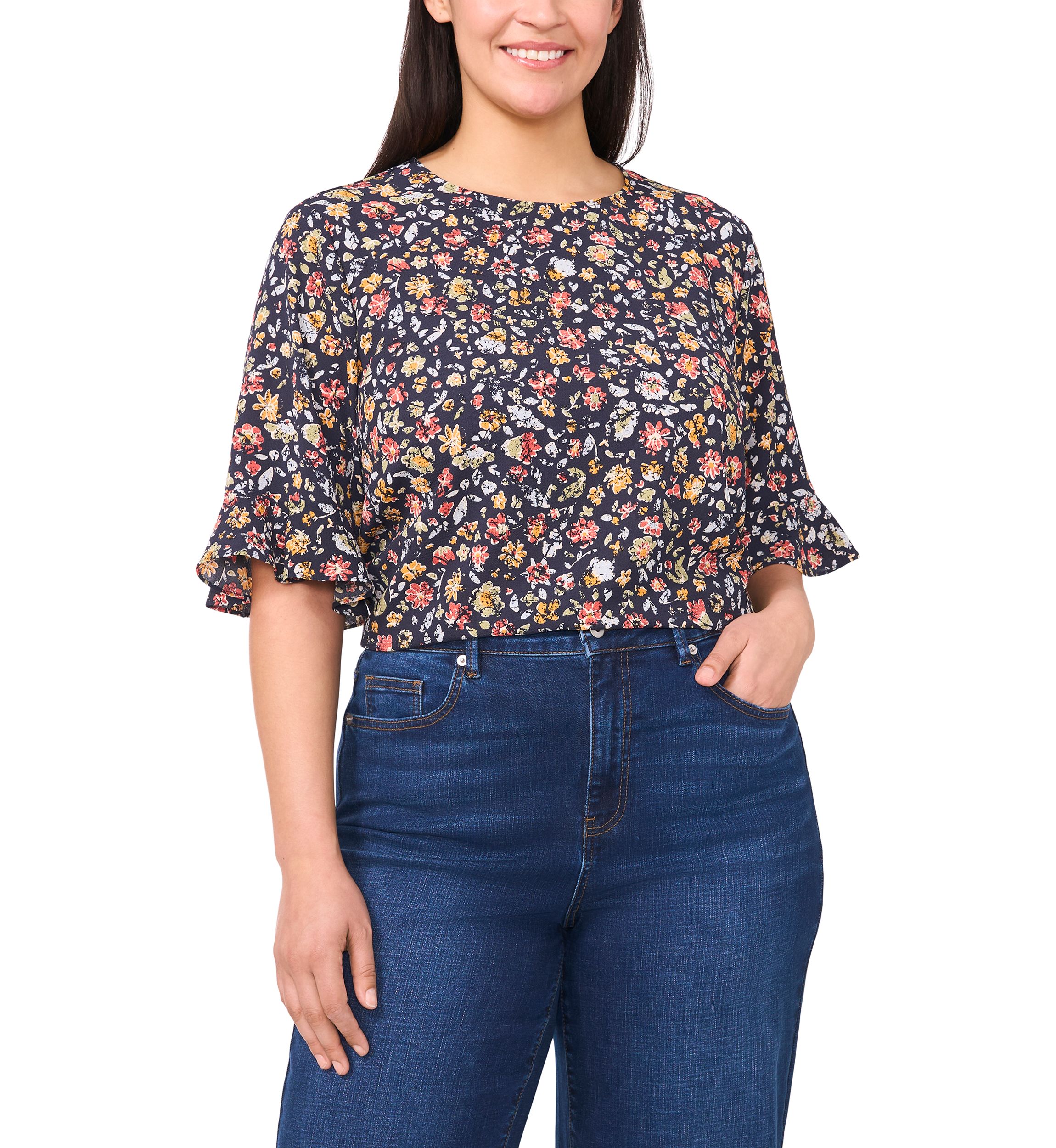 Plus Size Short Sleeve Ruffle Cuff Woven Print Top 