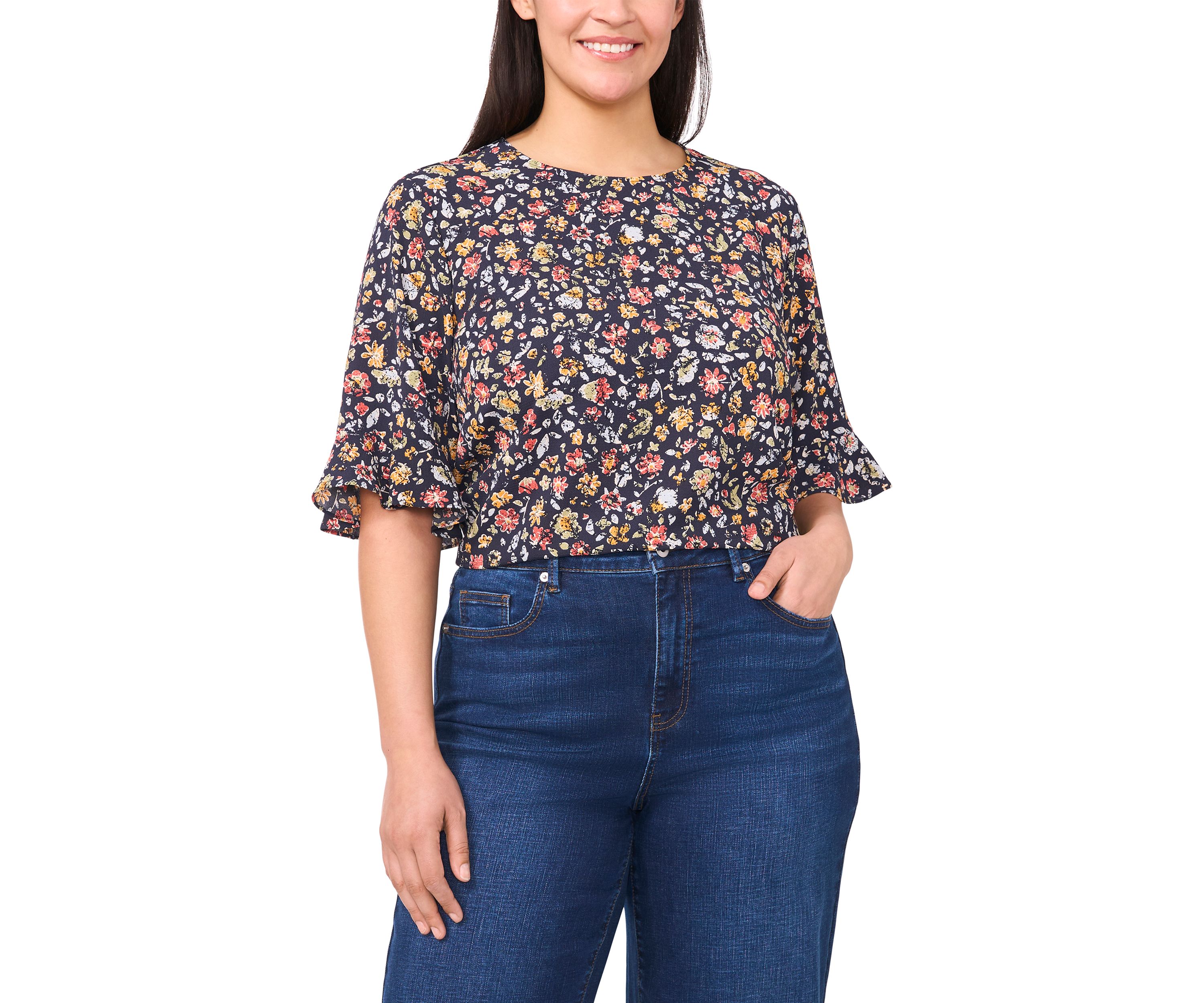 Plus Size Short Sleeve Ruffle Cuff Woven Print Top 