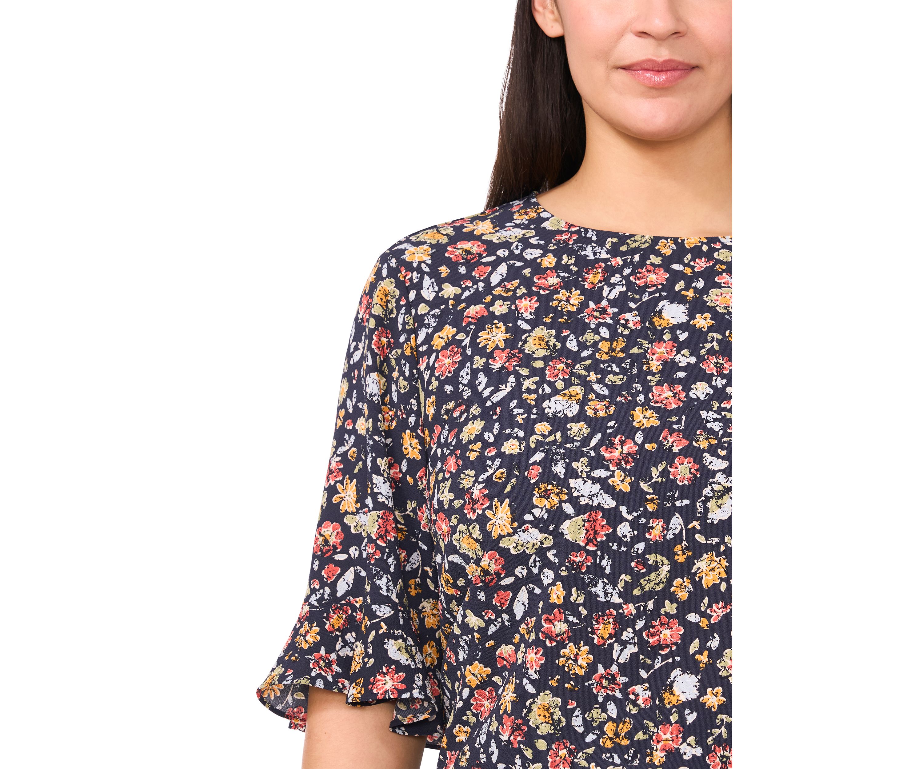 Plus Size Short Sleeve Ruffle Cuff Woven Print Top 