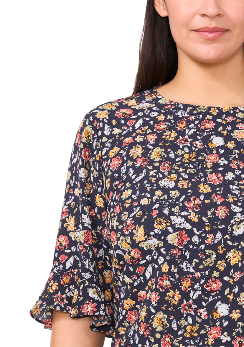 Plus Size Short Sleeve Ruffle Cuff Woven Print Top 