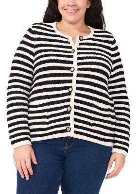 CeCe Women's Plus Size Striped Cardigan Jacket, White, 3X