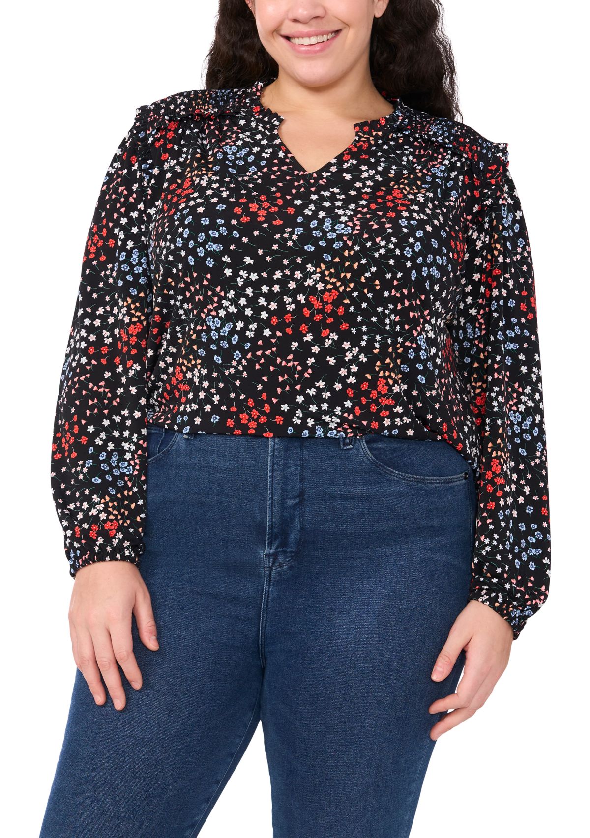 Plus Size Long Sleeve Smocked Shoulder Printed V-Neck Top
