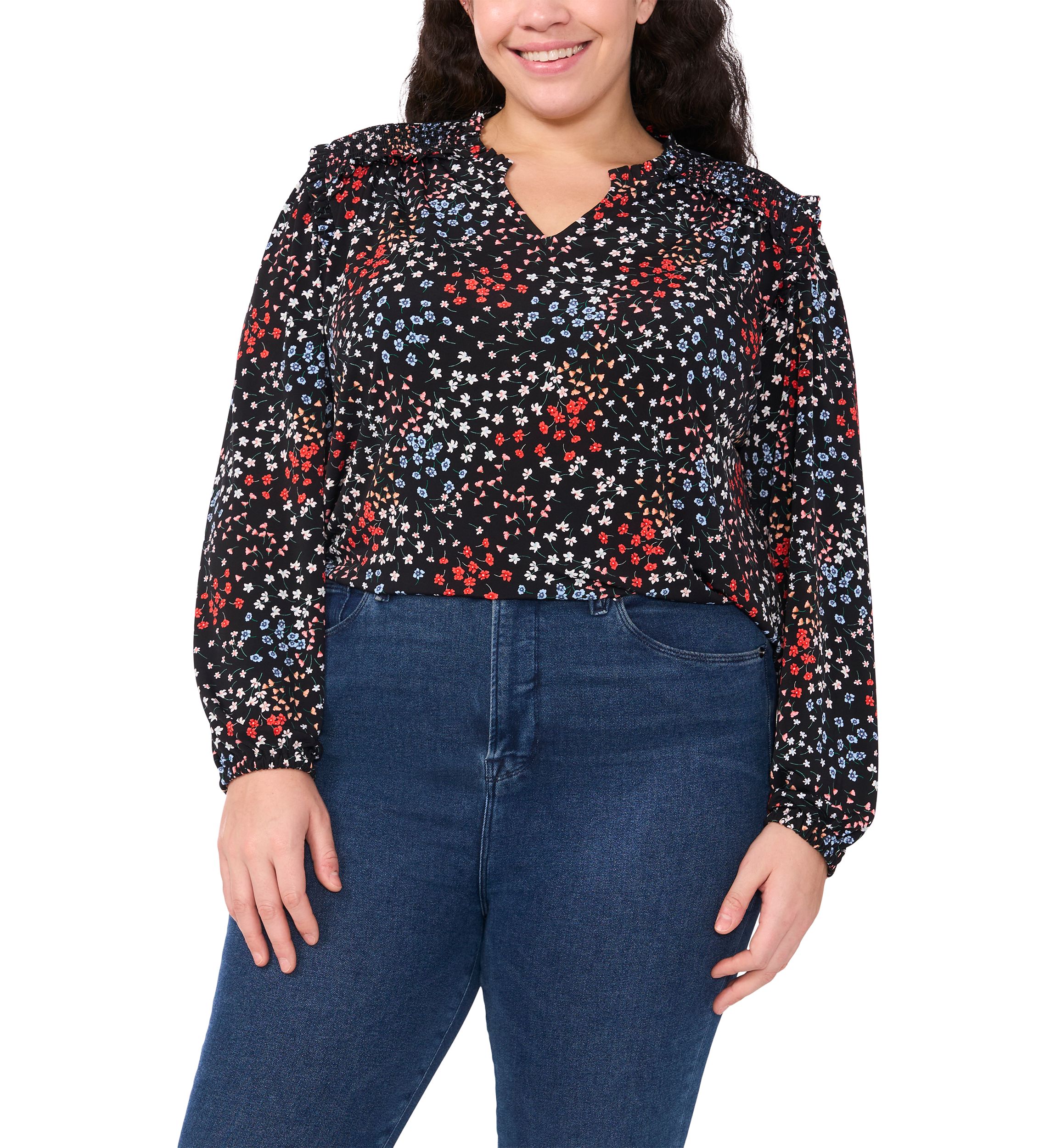 Plus Size Long Sleeve Smocked Shoulder Printed V-Neck Top