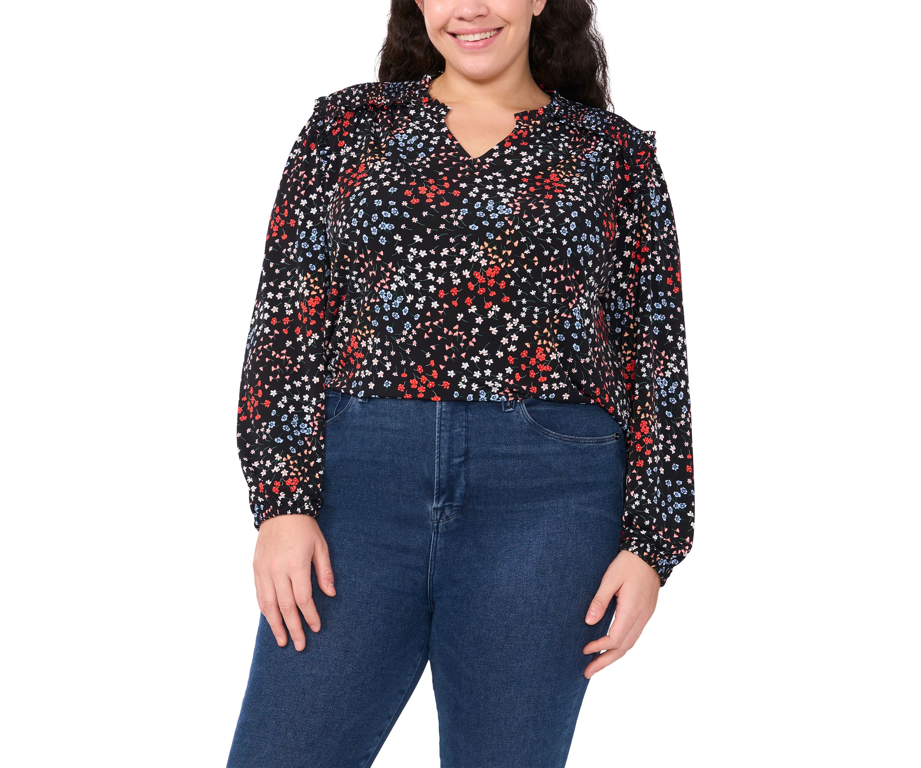 Plus Size Long Sleeve Smocked Shoulder Printed V-Neck Top