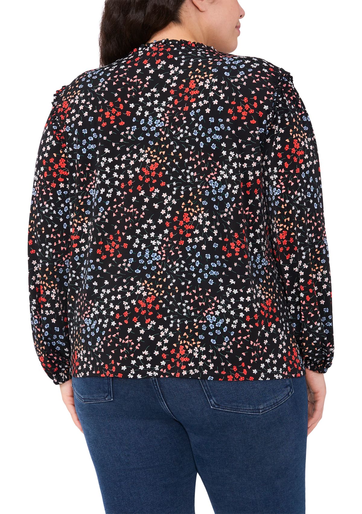 Plus Size Long Sleeve Smocked Shoulder Printed V-Neck Top