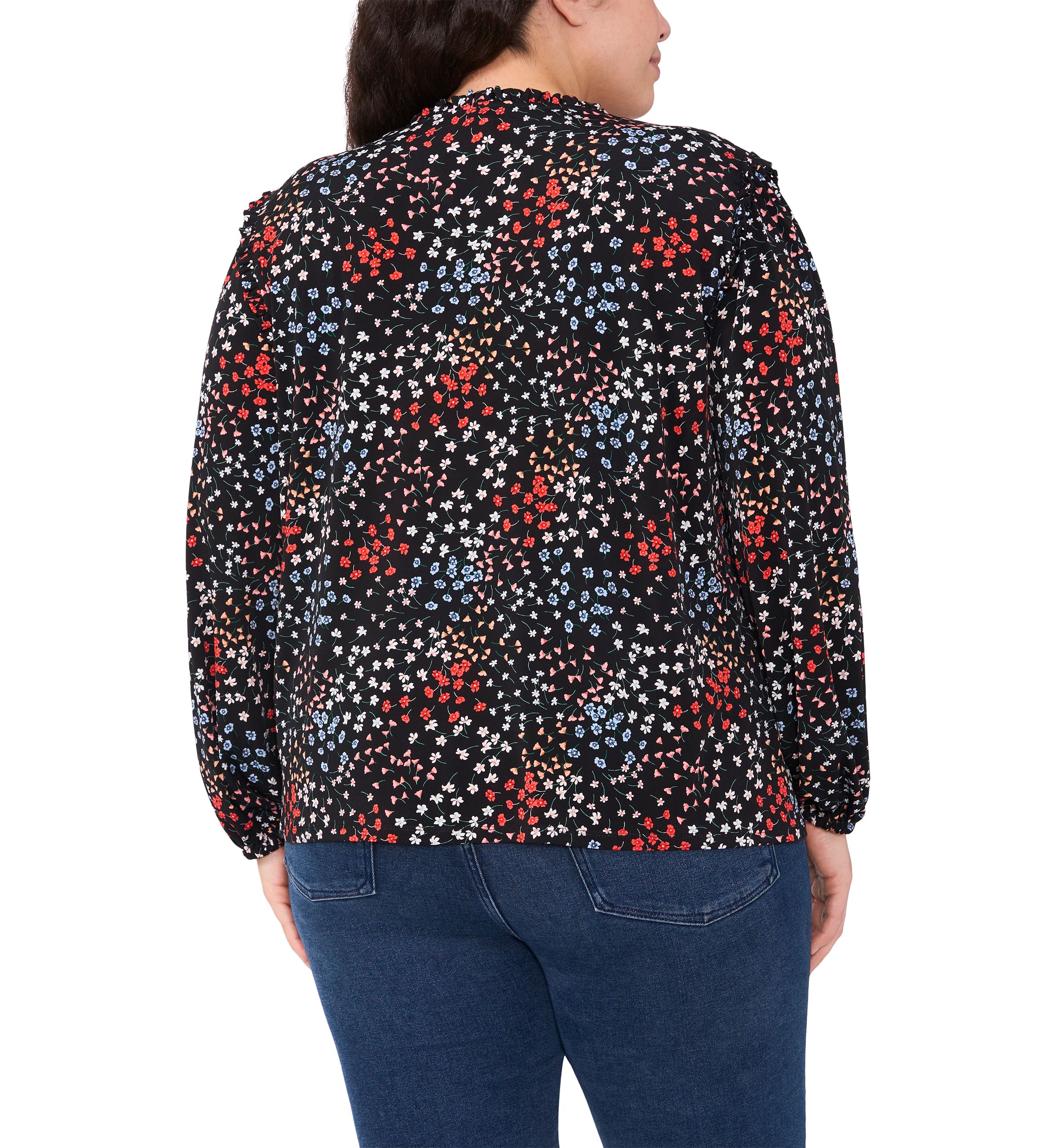Plus Size Long Sleeve Smocked Shoulder Printed V-Neck Top