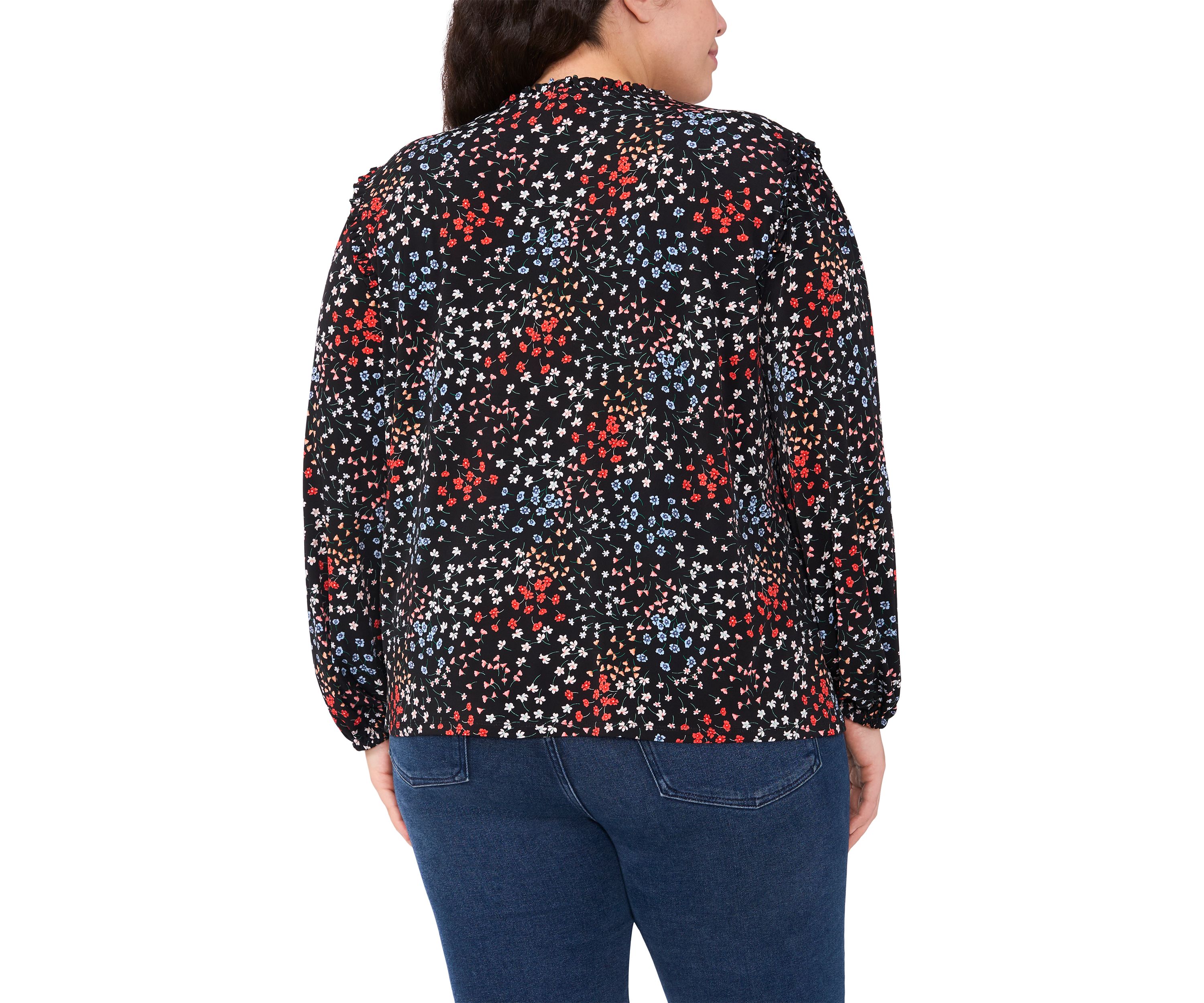 Plus Size Long Sleeve Smocked Shoulder Printed V-Neck Top