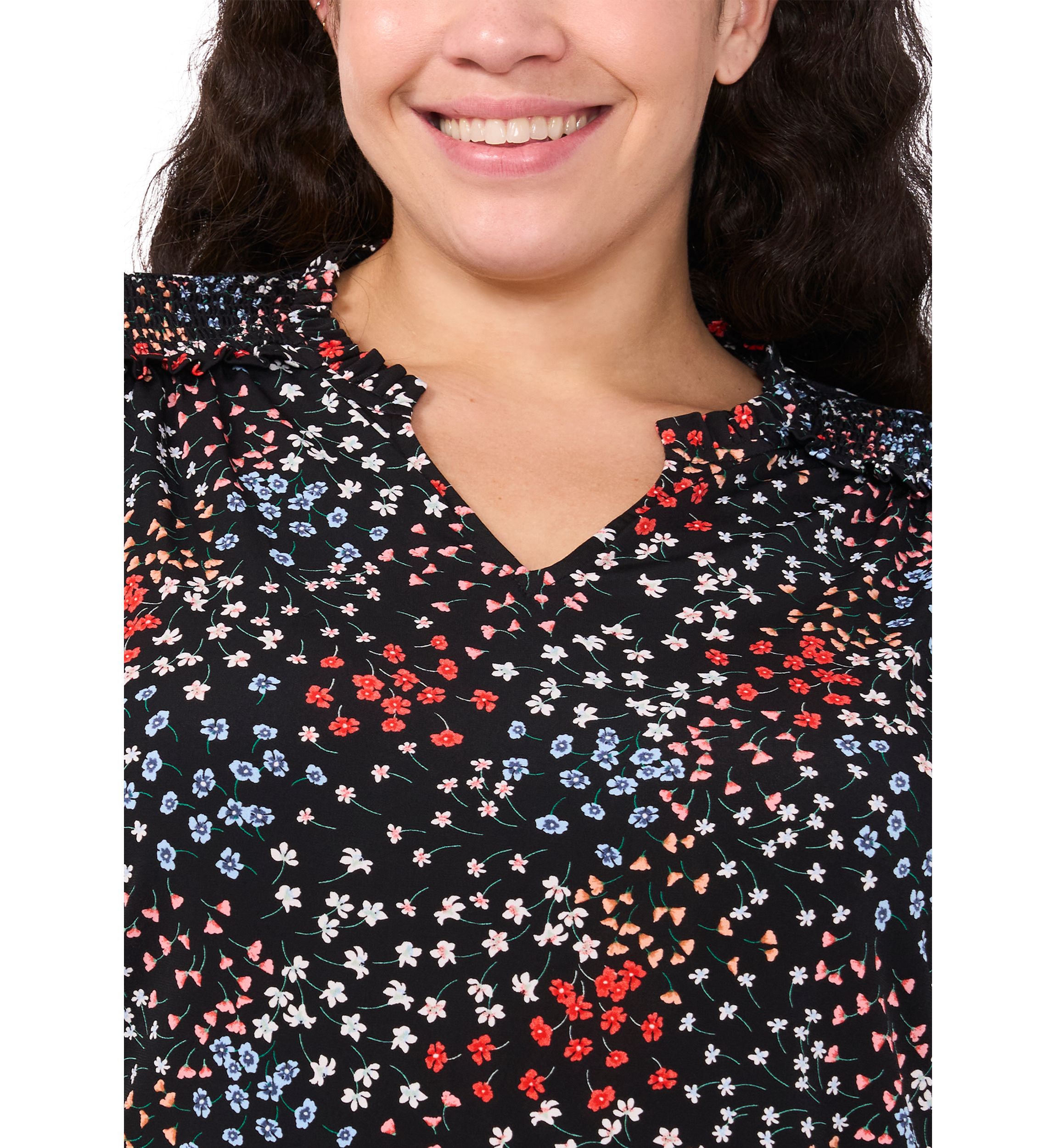 Plus Size Long Sleeve Smocked Shoulder Printed V-Neck Top