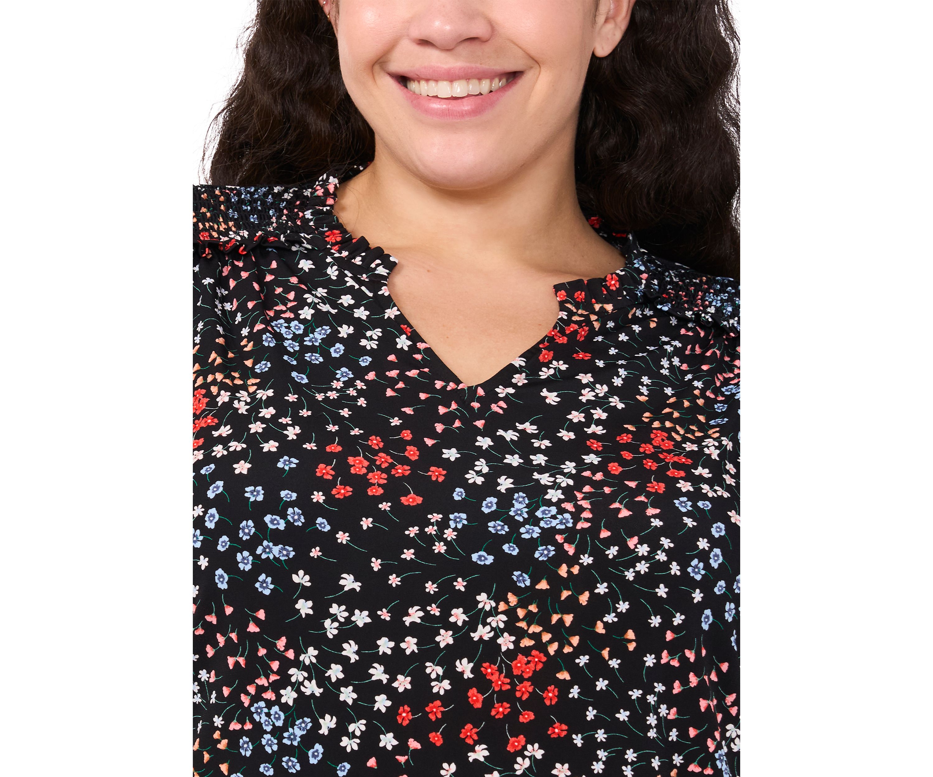 Plus Size Long Sleeve Smocked Shoulder Printed V-Neck Top