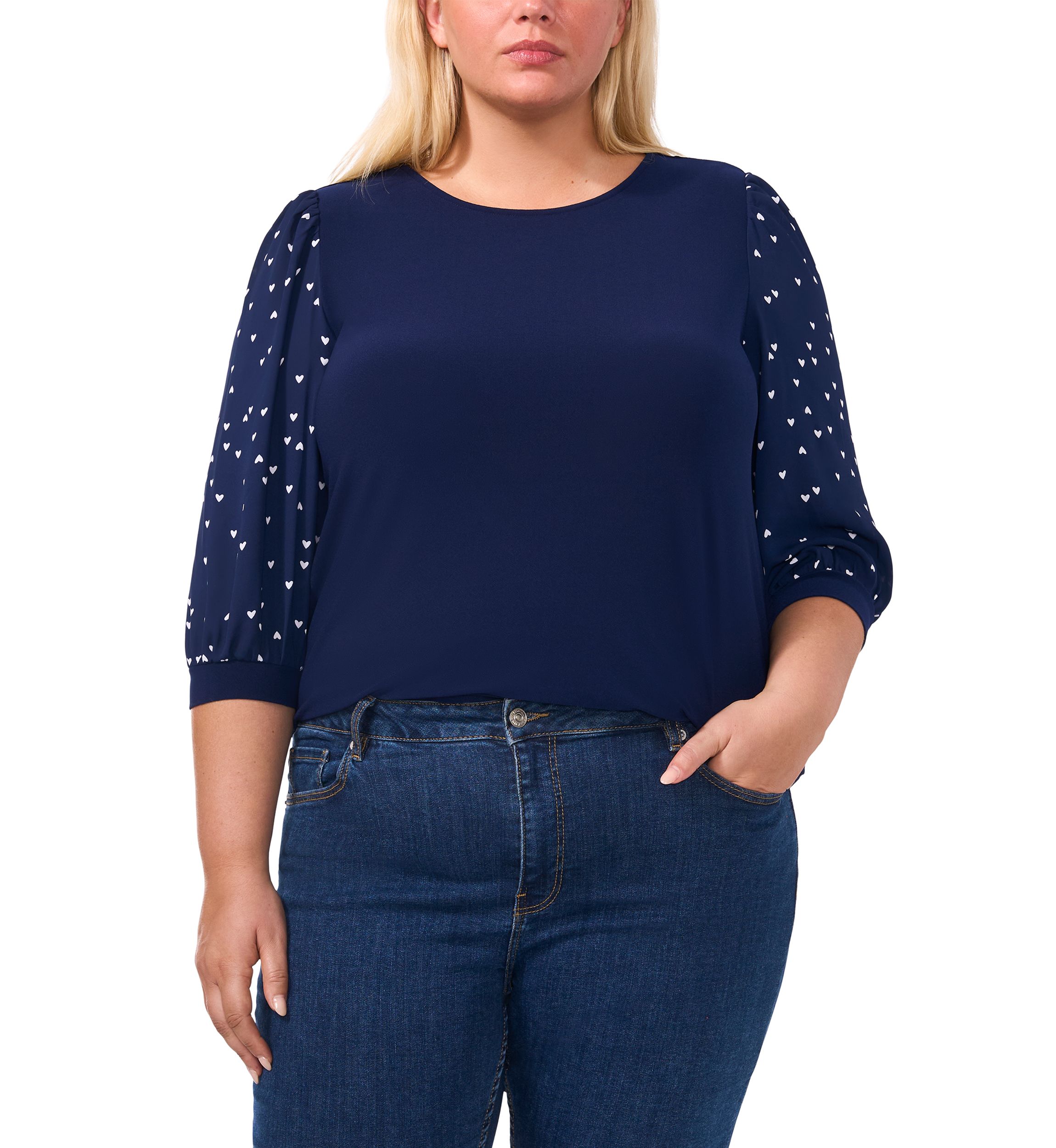 Plus Size Knit Top with Woven Sleeves