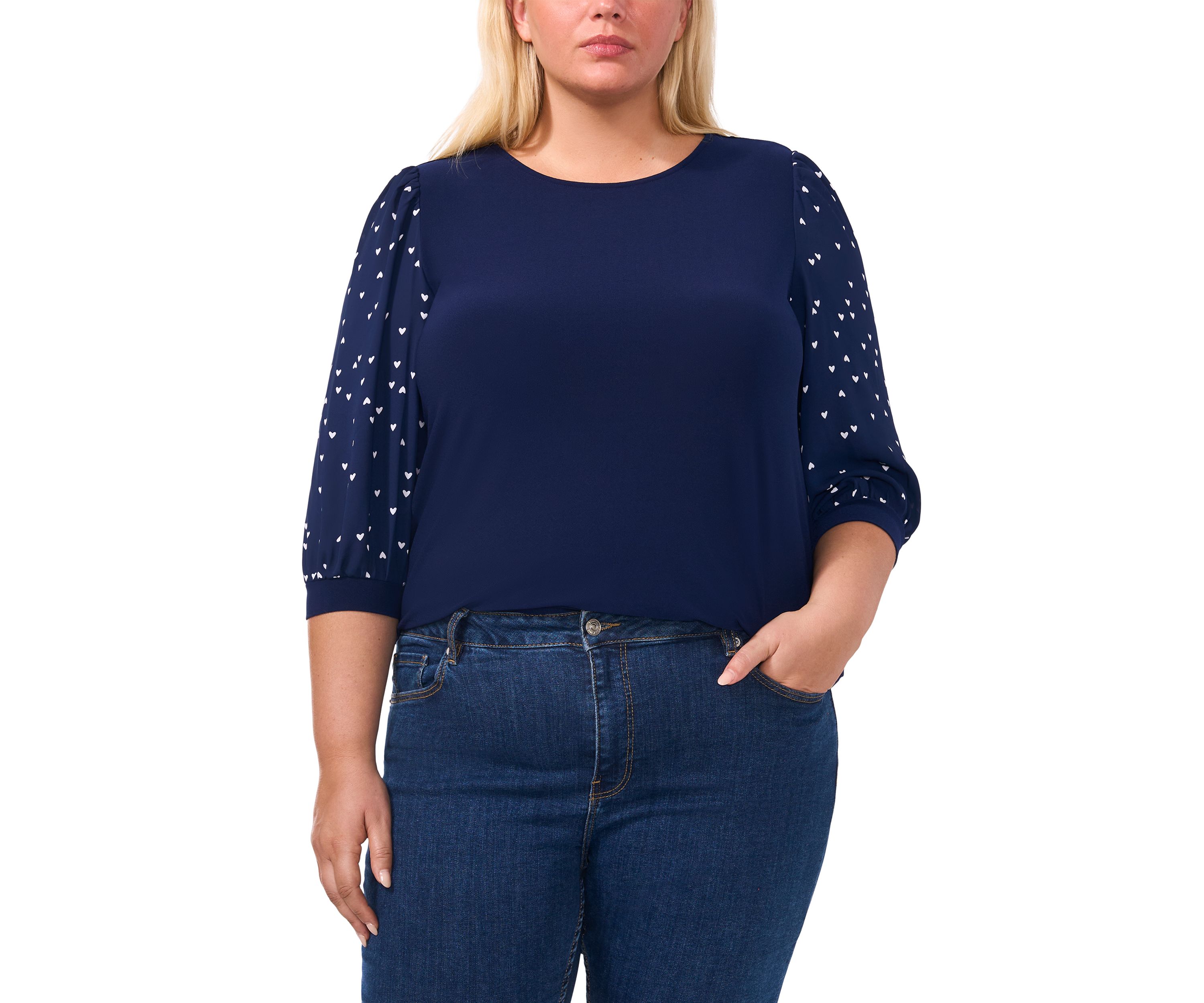 Plus Size Knit Top with Woven Sleeves