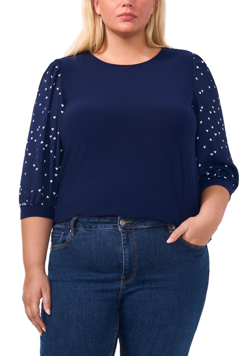 Plus Size Knit Top with Woven Sleeves