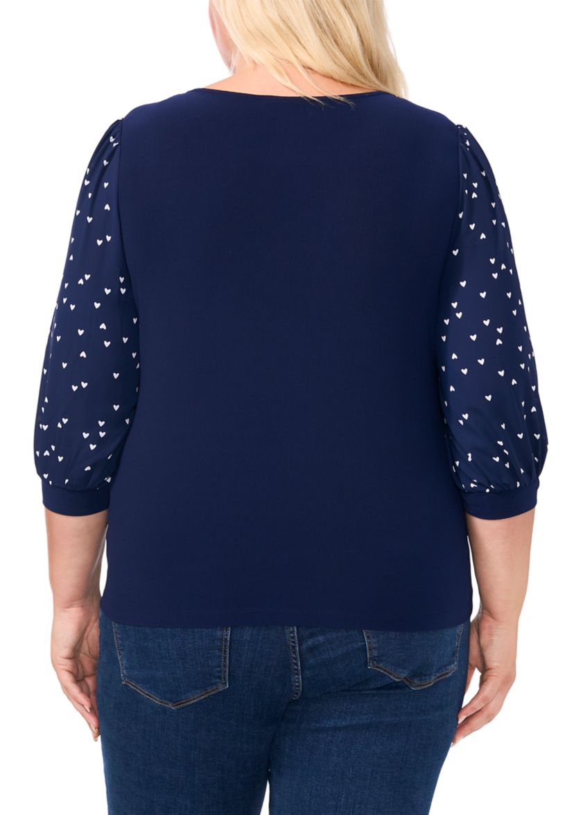 Plus Size Knit Top with Woven Sleeves