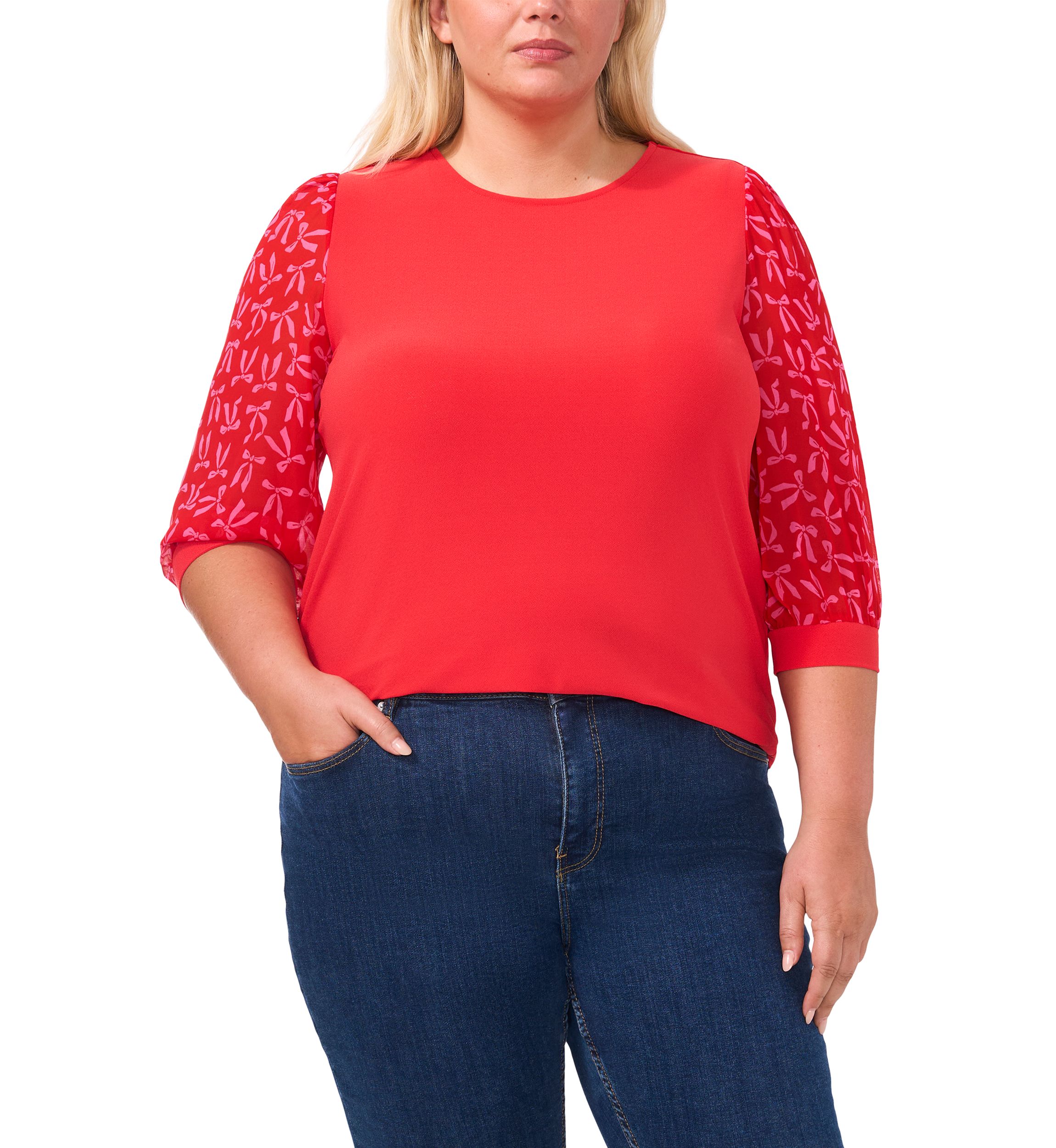 Plus Size Knit Top with Woven Sleeves