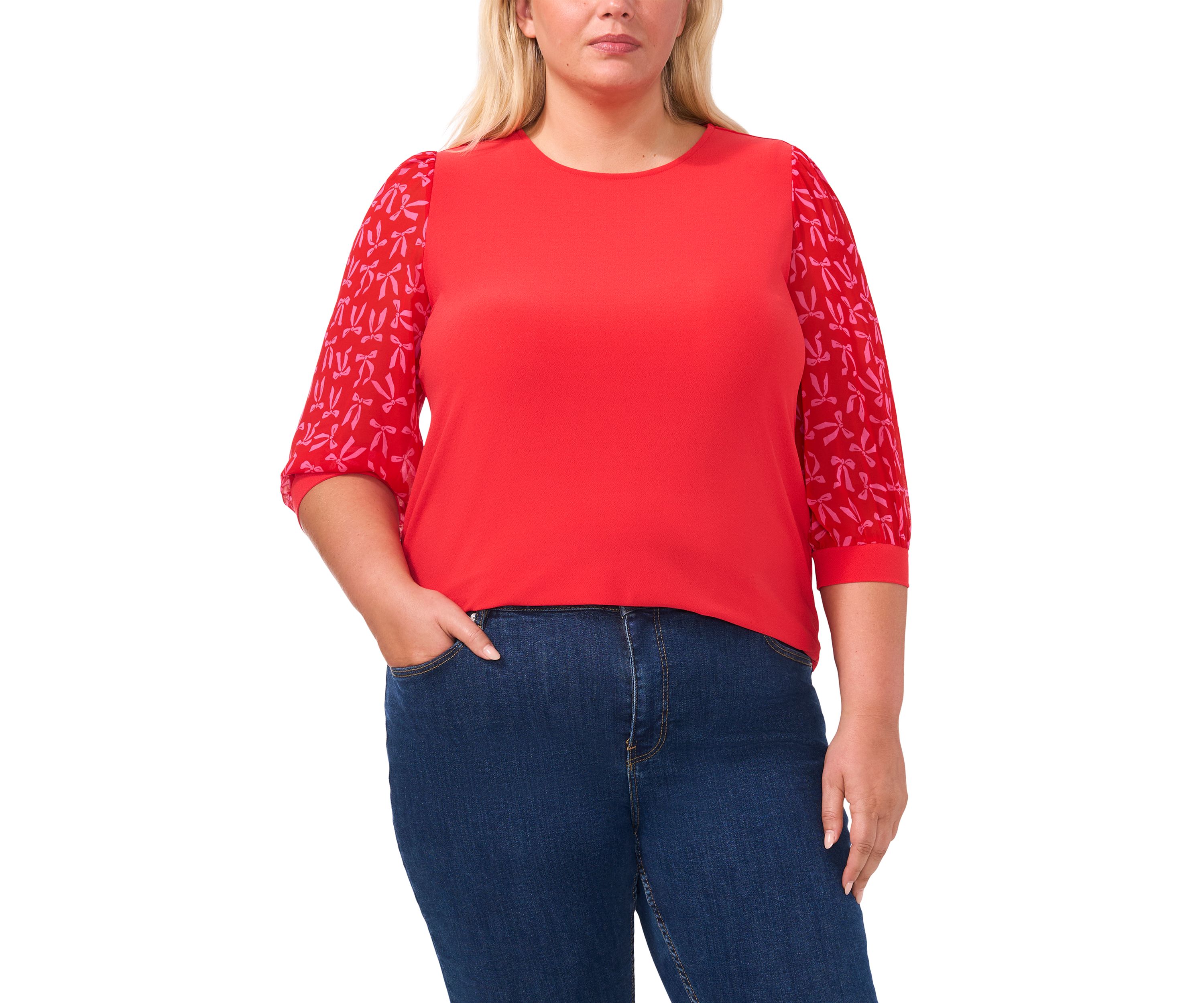 Plus Size Knit Top with Woven Sleeves