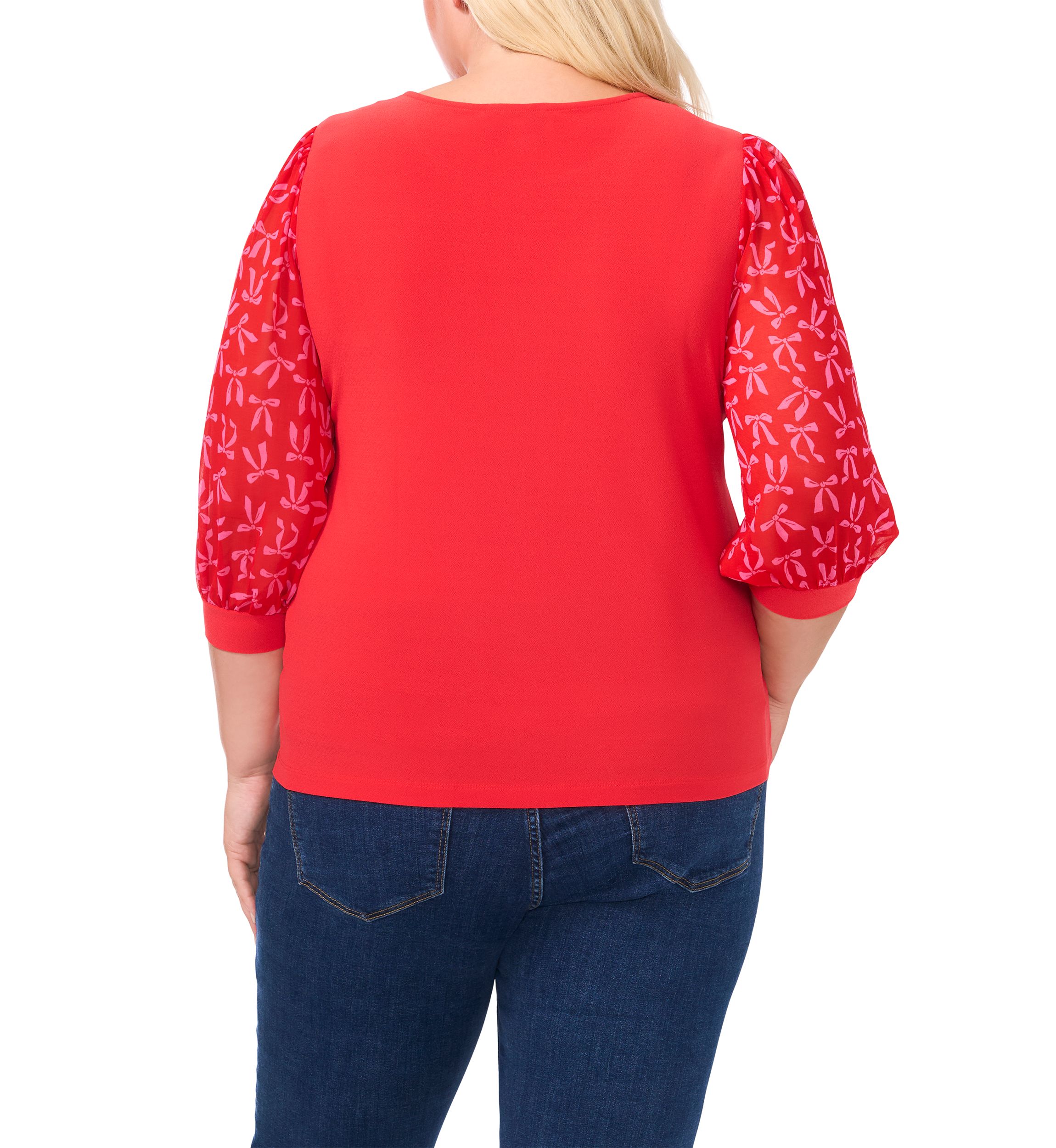 Plus Size Knit Top with Woven Sleeves