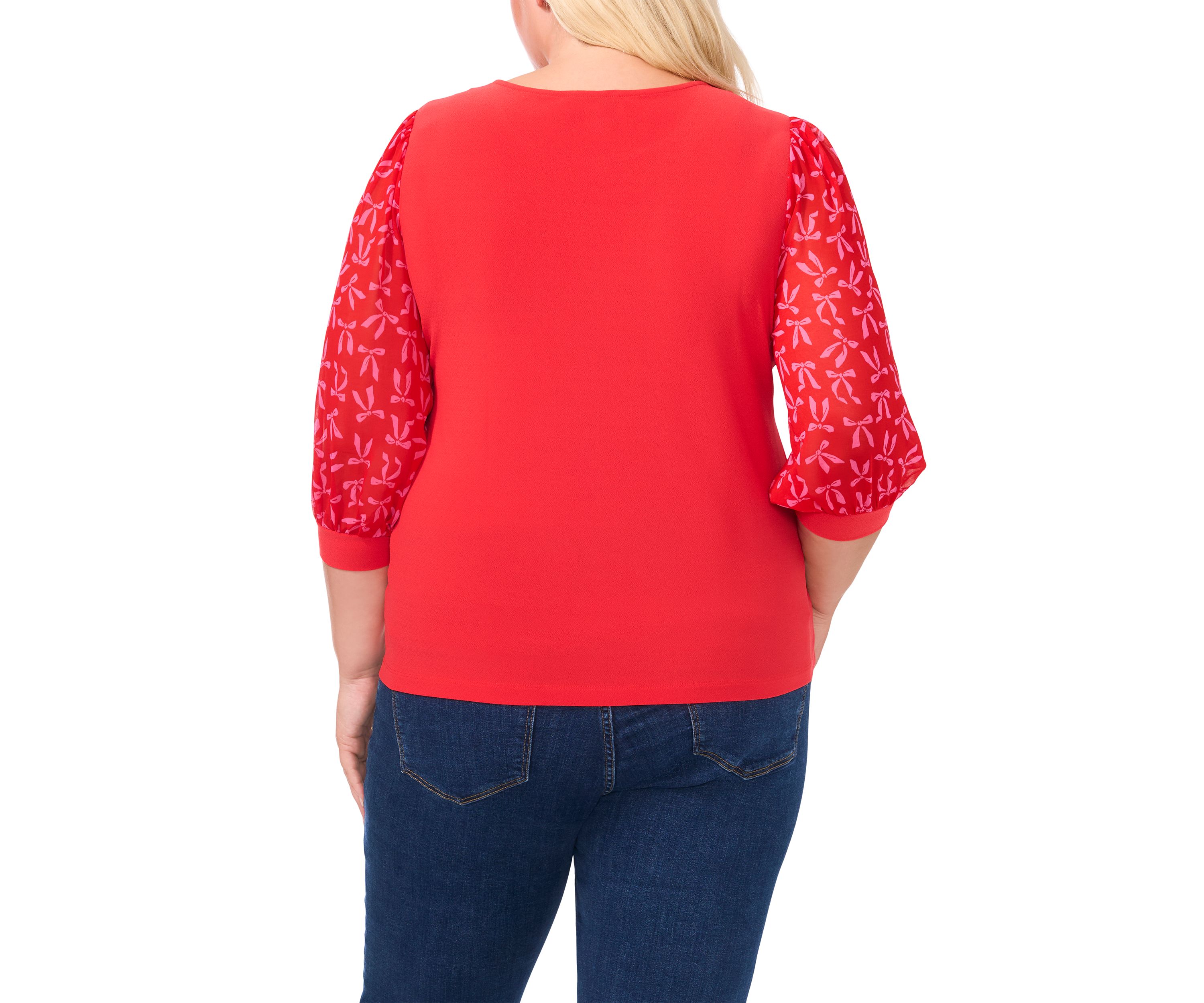 Plus Size Knit Top with Woven Sleeves