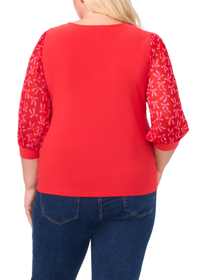 Plus Size Knit Top with Woven Sleeves