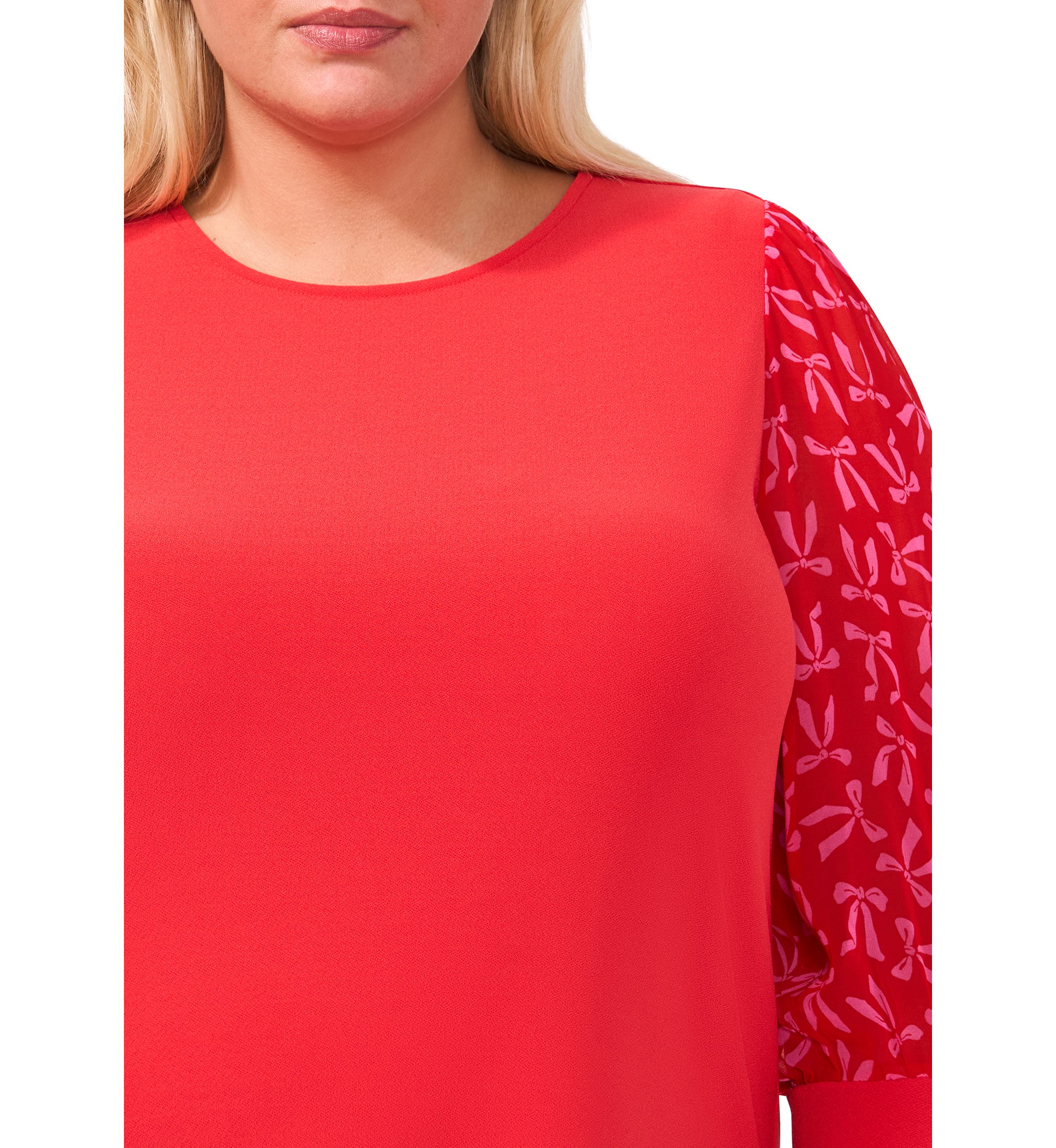 Plus Size Knit Top with Woven Sleeves