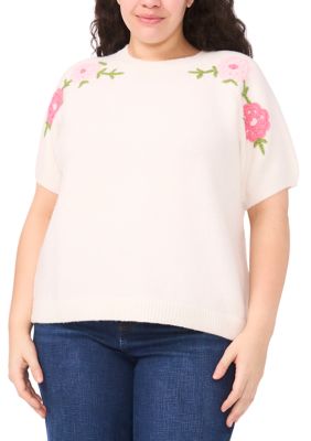 CeCe Women's Plus Size Embroidered Floral Crew Neck Sweater, White, 3X