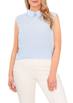 Plus Sleeveless Dot Trim Collared Blouse